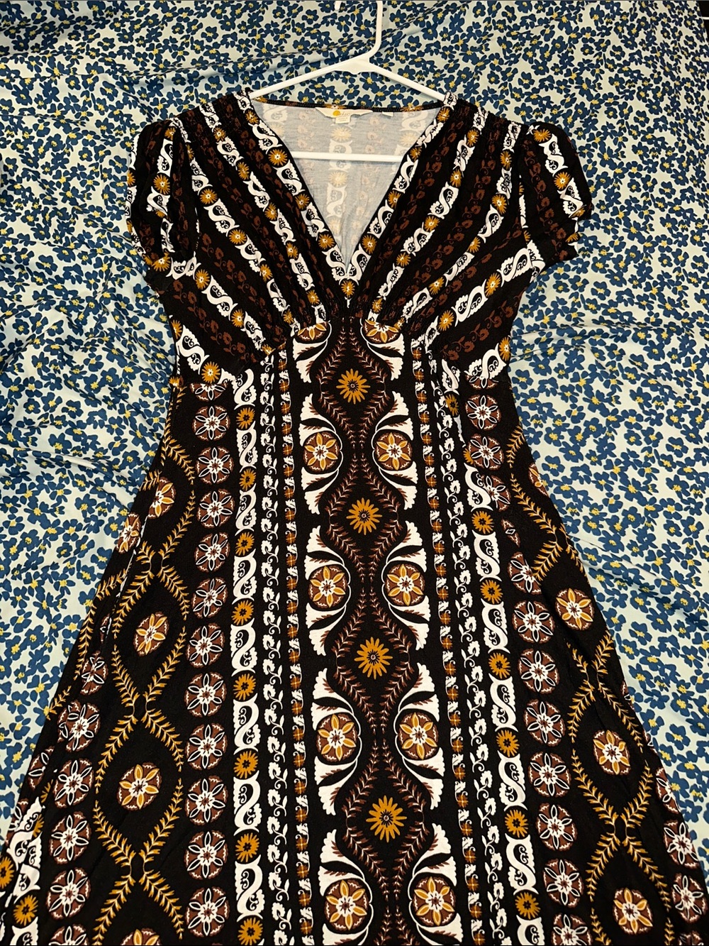 Boden Brown, White & Gold Patterned Maxi Dress